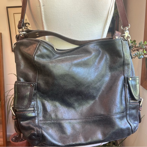 Tano Soft Black Leather Boho Shoulder Bag Purse w Brown Leather Straps & Pockets - Picture 1 of 12